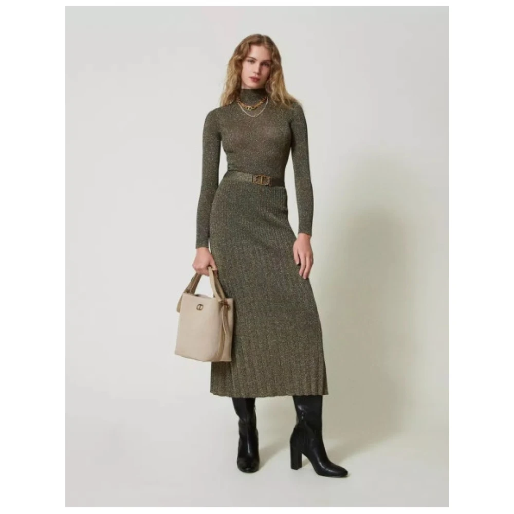 Twinset Geribbelde Midi Rok met Lurex Green Dames