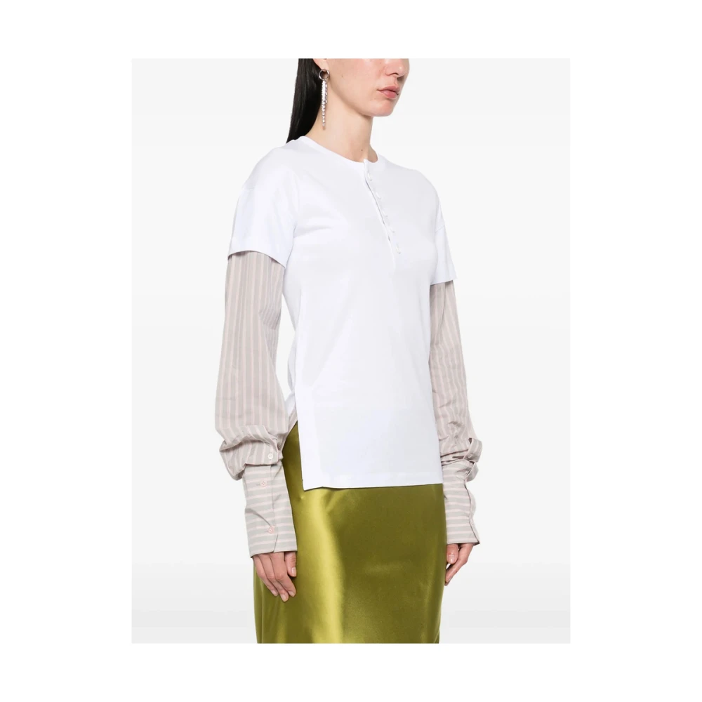 Dries Van Noten Wit Henley Hals Gestreept T-shirt White Dames