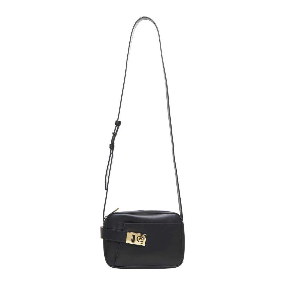 Salvatore Ferragamo Zwarte Leren Gancini Gesp Schoudertas Black Dames