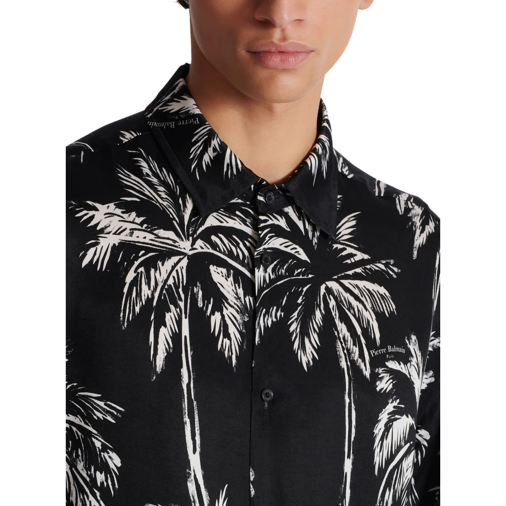Balmain Gedrukte satijnen palmboom overhemd Black Heren