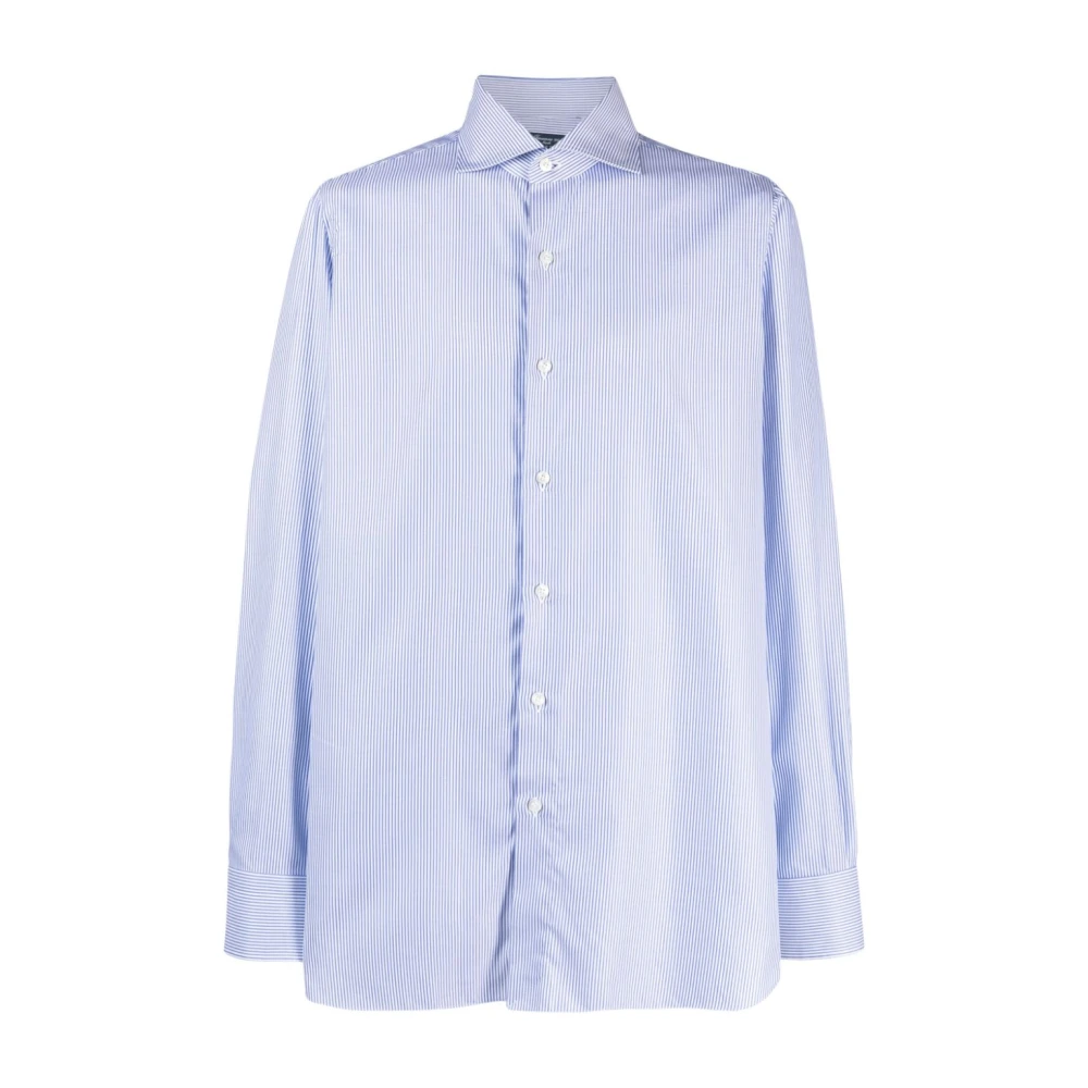 Finamore Blauw Gestreept Overhemd Blue Heren