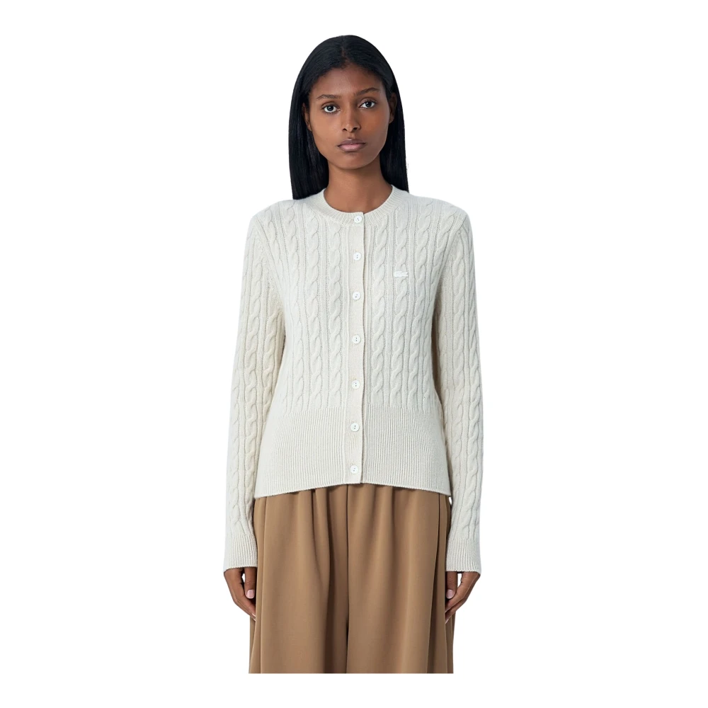 Lacoste Beige Cashmere Knitwear, Female, M, Cable Knit Cardigan