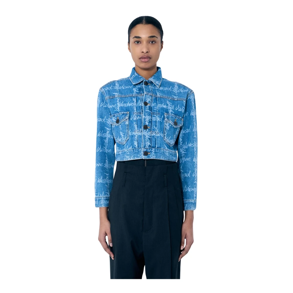 Vivienne Westwood Logo Denim Cropped Jacket Blue Dames