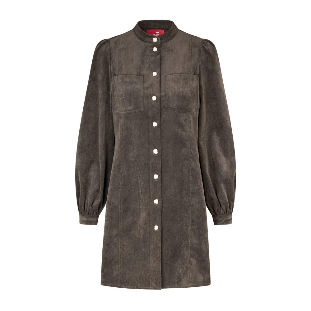Cras Fluwelen Jurk met Hoge Kraag en Pofmouwen Gray Dames