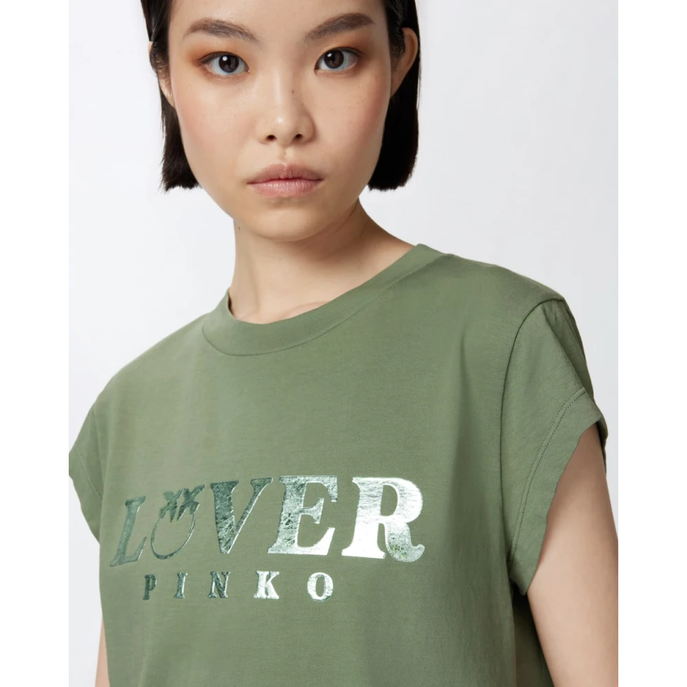 pinko Katoenen Jersey T-shirt met Lover Print Green Dames