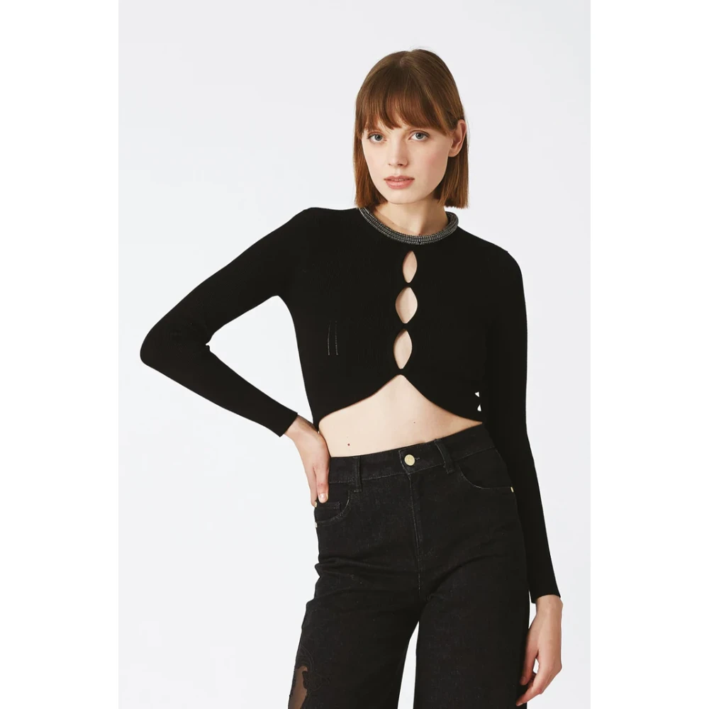 Nenette Zwart shirt met strass detail Black Dames