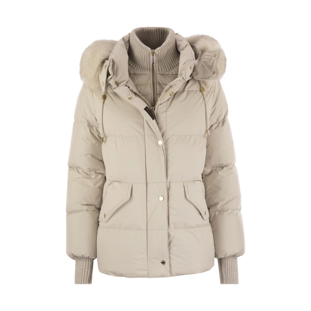 Moorer Vrouw Beige Jassen Dames, M, Polyester, Kort Donsjack Met Capuchon En Bont