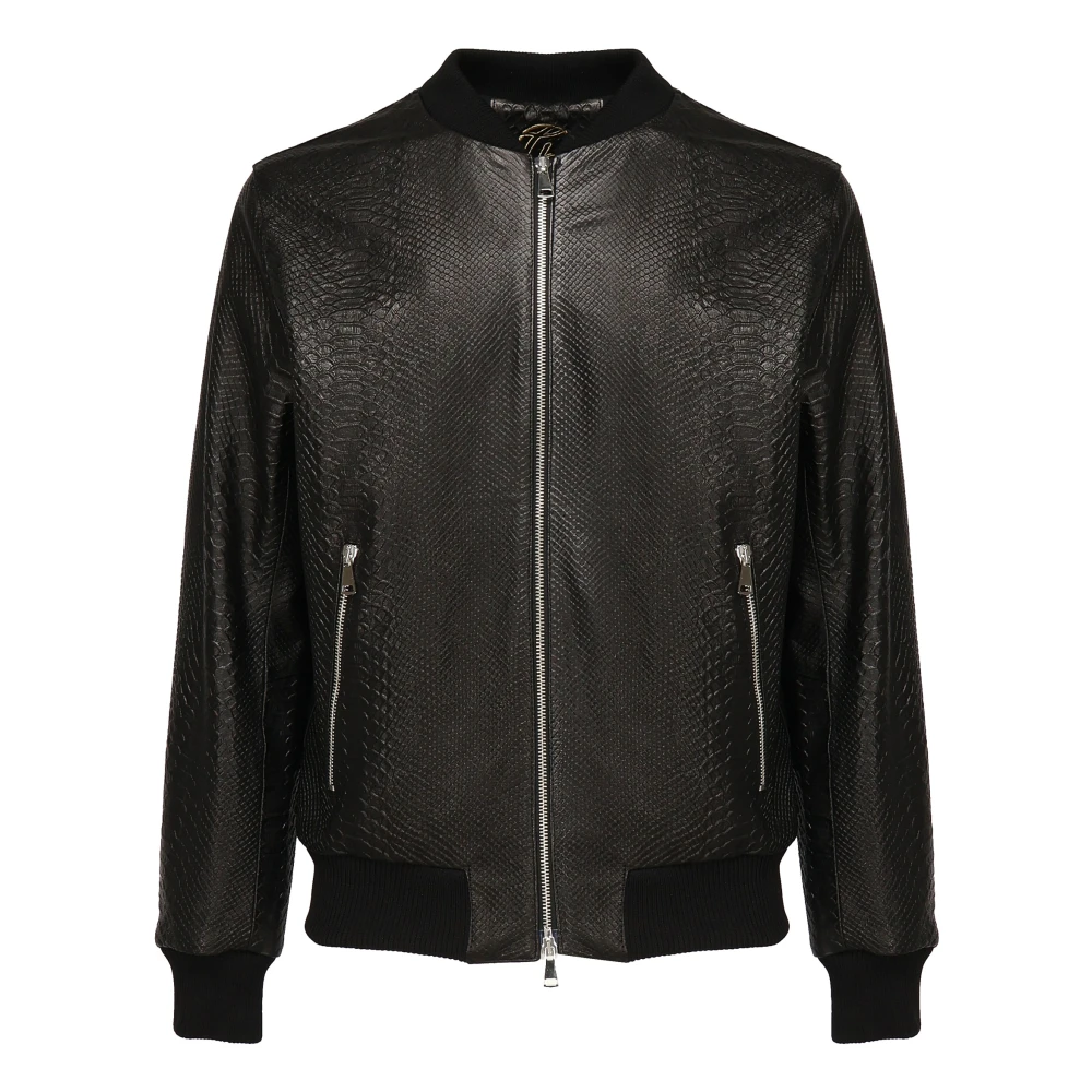 Giuliano Galiano Zwarte Leren Bomberjack Python Print Black Heren