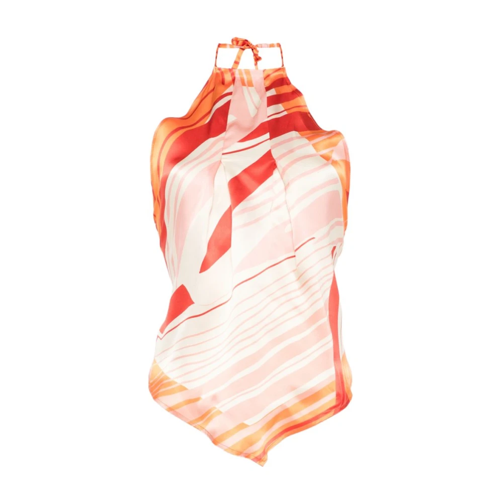 Raquel Diniz Women's Orange Sleeveless Tops, M, Silk Scarf-Effect Top