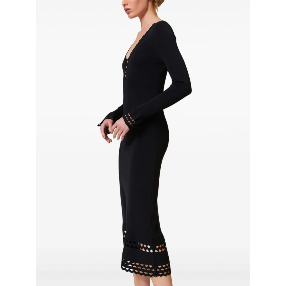 Twinset Zwarte V-hals Jurk met Wijduitlopende Mouwen Black Dames