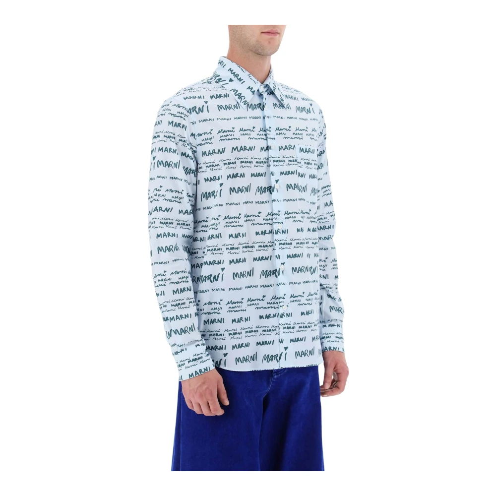 Marni Overhemd met logo lettering motief Blue Heren