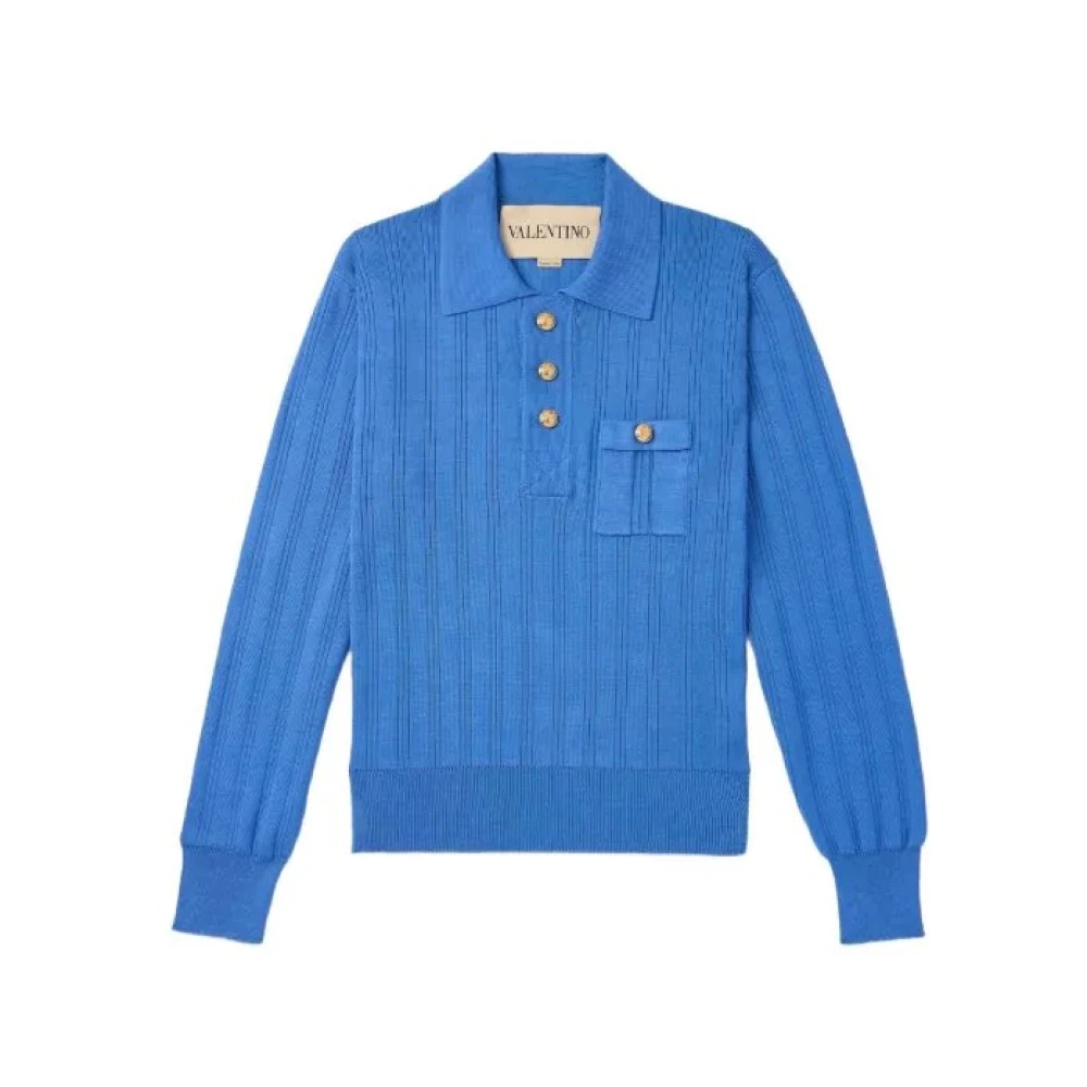 Valentino Garavani Men's Blue Long-Sleeved Ribbed Cotton Polo Shirt - Polo Shirts - L - Tops
