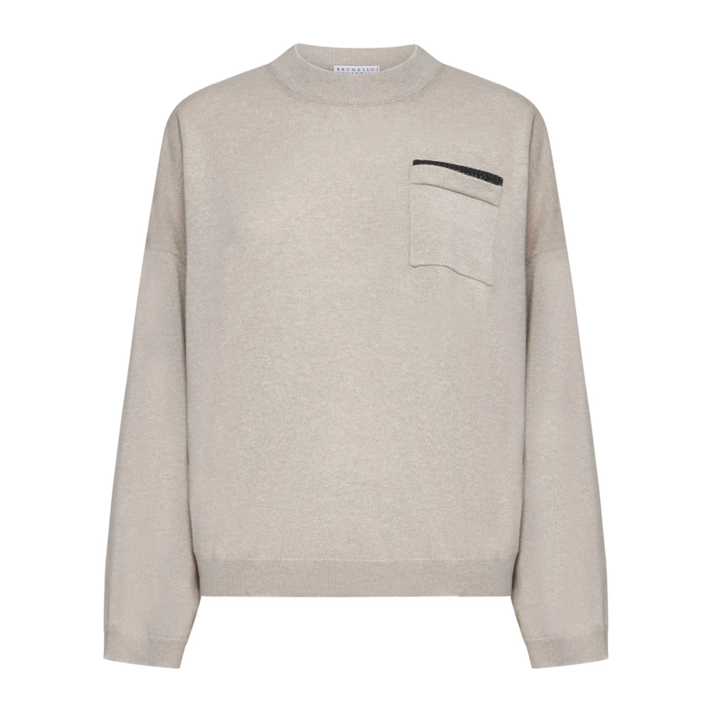BRUNELLO CUCINELLI Kasjmier Crew Neck Sweater met Monile Versiering Beige Dames