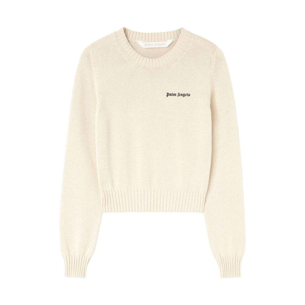 Palm Angels Women's Beige Round-Neck Knitwear,, Embroidered Logo Jumper Large