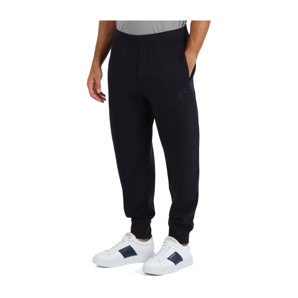Emporio Armani Sportieve katoenblend broek met logoborduursel Blue Heren