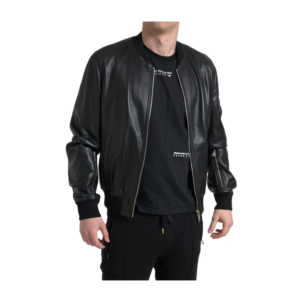 Dolce & Gabbana Elegante zwarte leren bomberjack Black Heren