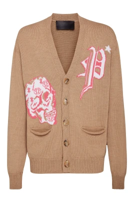 Merino Wool Cardigan Short Jacquard Skull