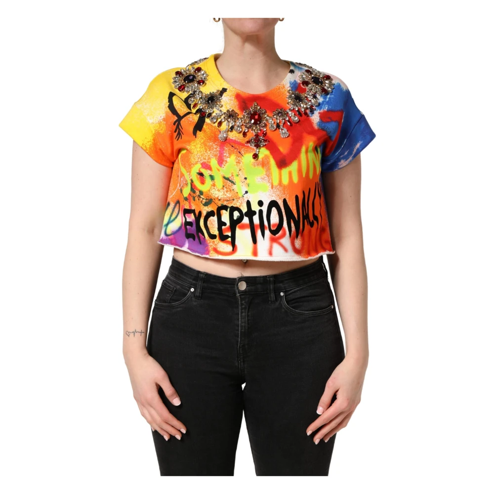 Dolce & Gabbana Women's Multicolor Blouses, M, Cropped Jersey T-Shirt With Graffiti Print And Necklace Detail