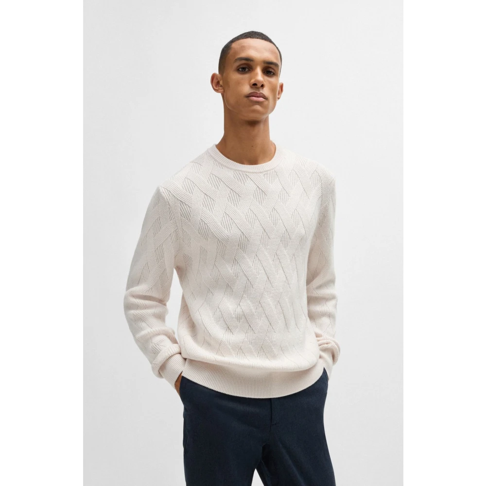 Boss Witte Gevlochten Crewneck Sweater White Heren
