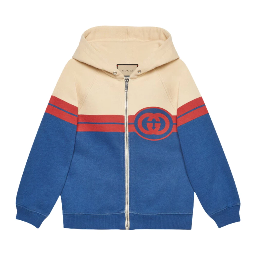 Gucci Barn Beige/Blå Hoodie med Rött Tryck Multicolor, Pojke