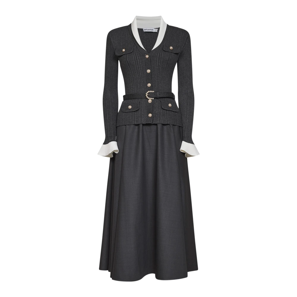 Self Portrait Pf26-131T Ribbed Knit Cardigan With Detachable Skirt - Female - Midi Dresses - Gray - S - Dresses