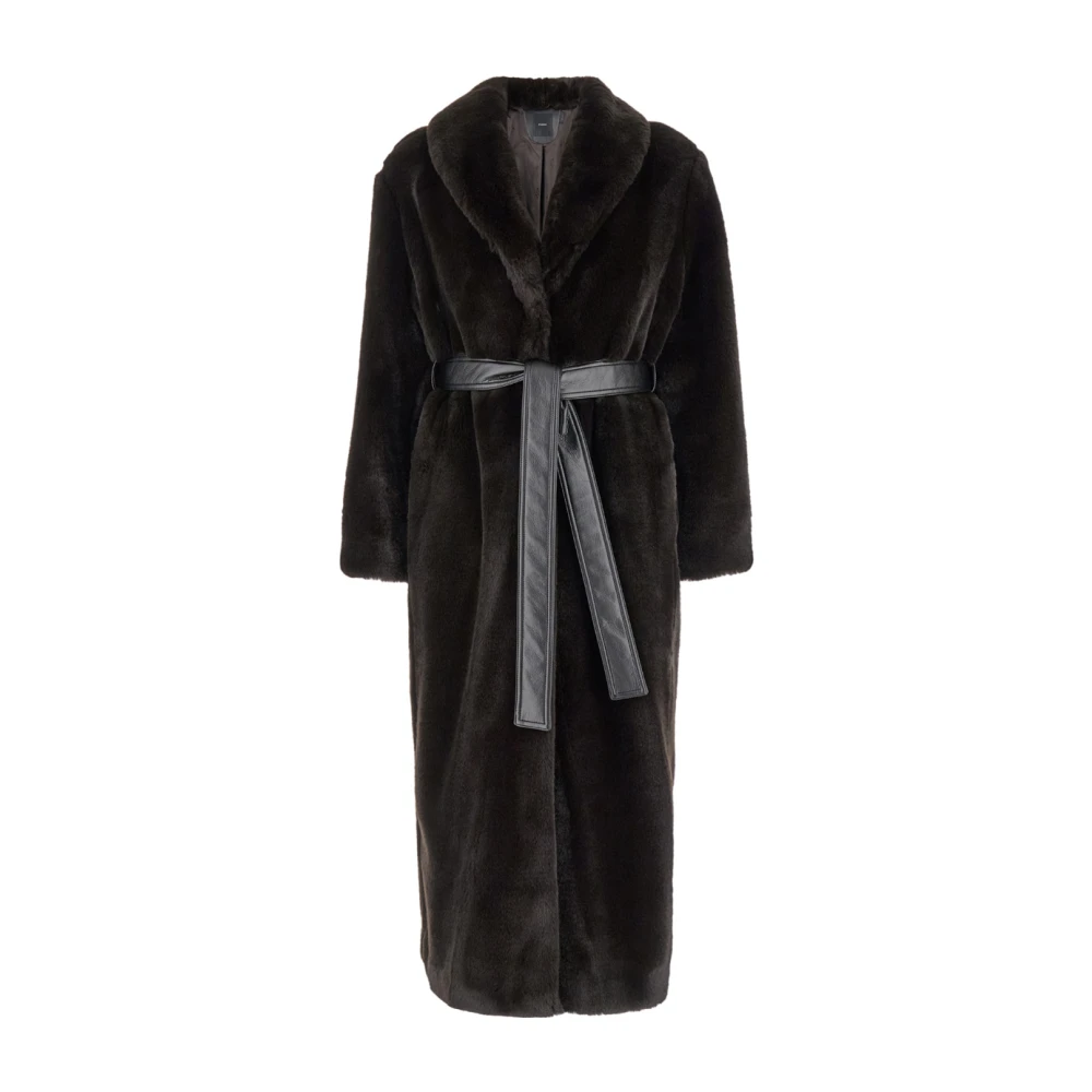 Pinko Faux Fur Coat met Faux Leather Belt Brown Dames