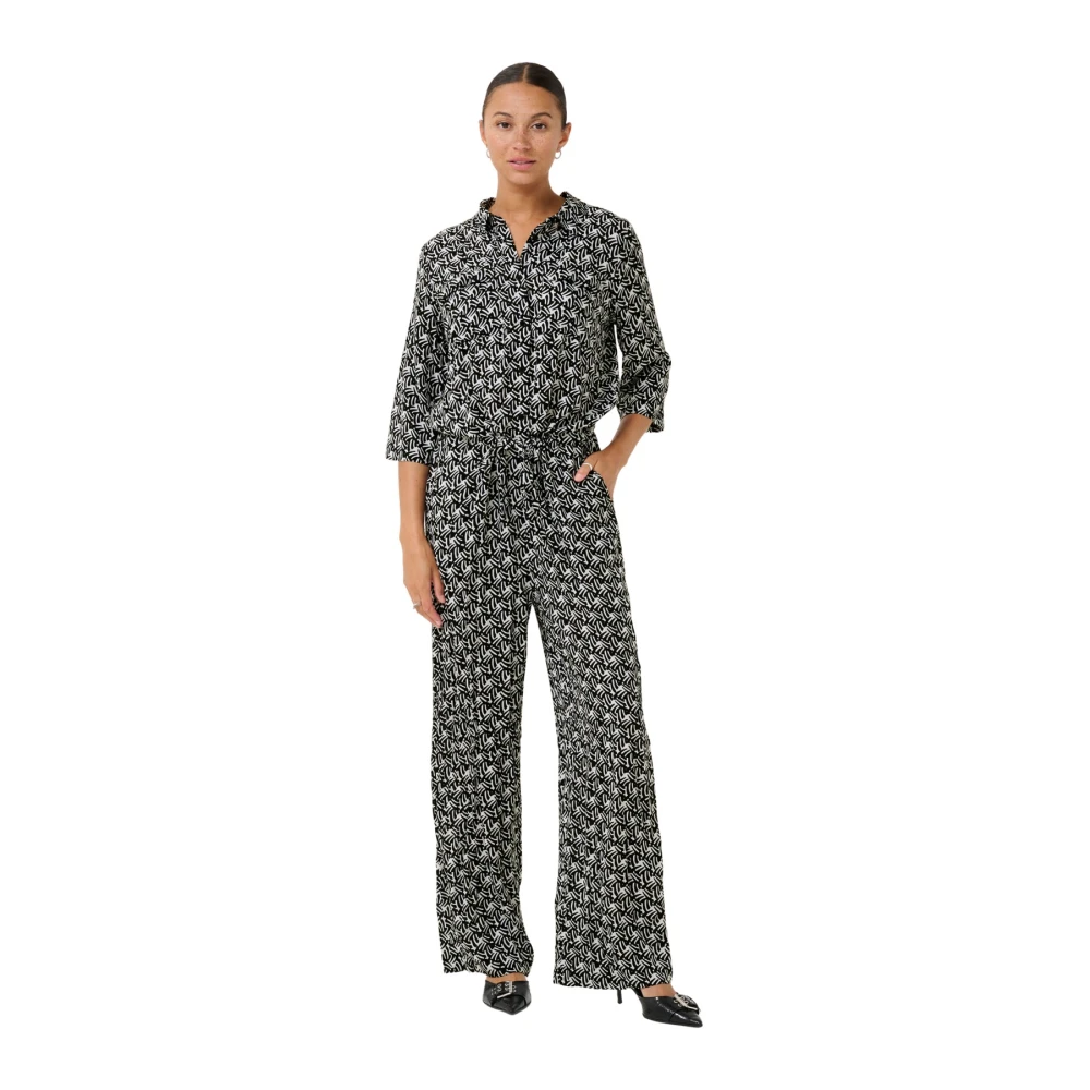 Kaffe Women's Black Retro Print Jumpsuit With Shirt Collar Extra Small