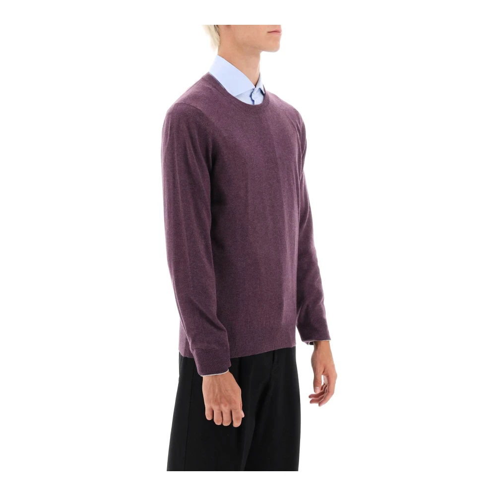 BRUNELLO CUCINELLI Cashmere Crewneck Sweater met contrastdetail Purple Heren