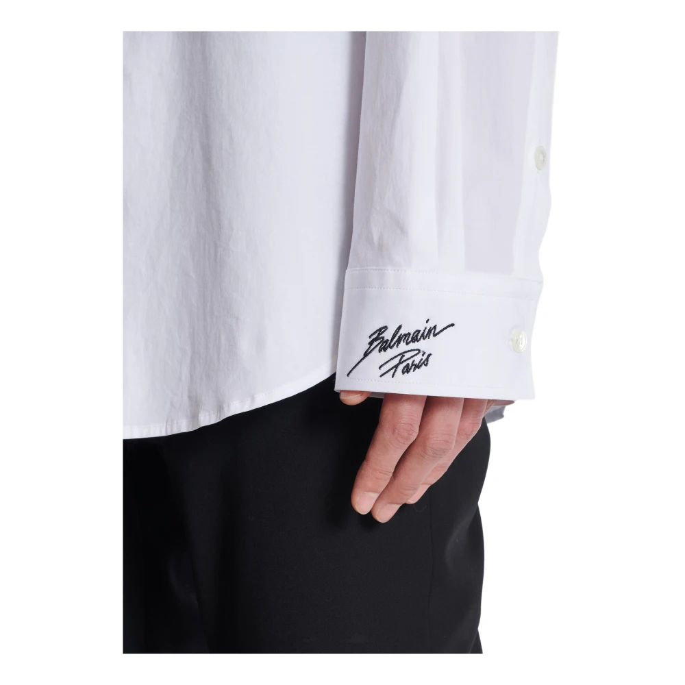 Balmain Popeline overhemd met geborduurde kraag White Heren