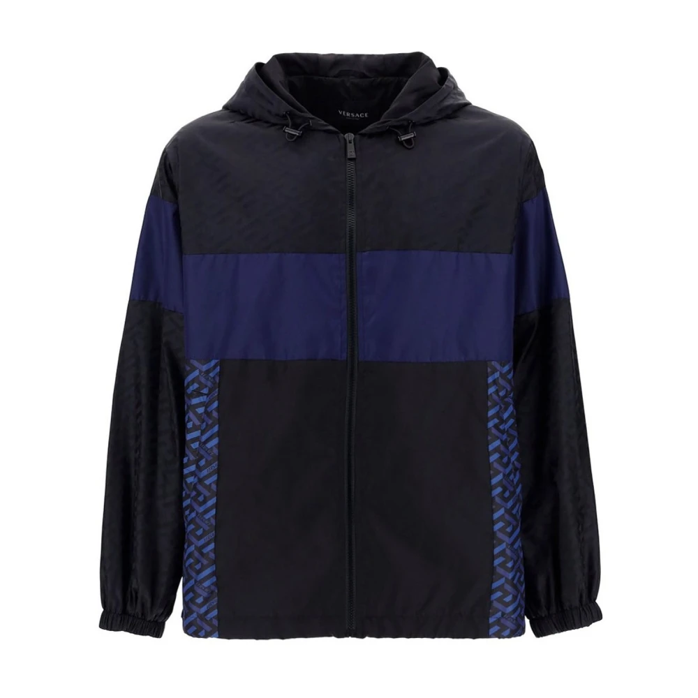 Versace Men's Blue Hooded Windbreaker Jacket With Logo Detail