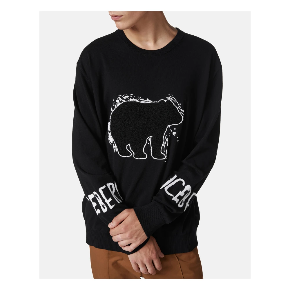 Iceberg Zwarte katoenen crewneck met logo en beerdetail Black Heren