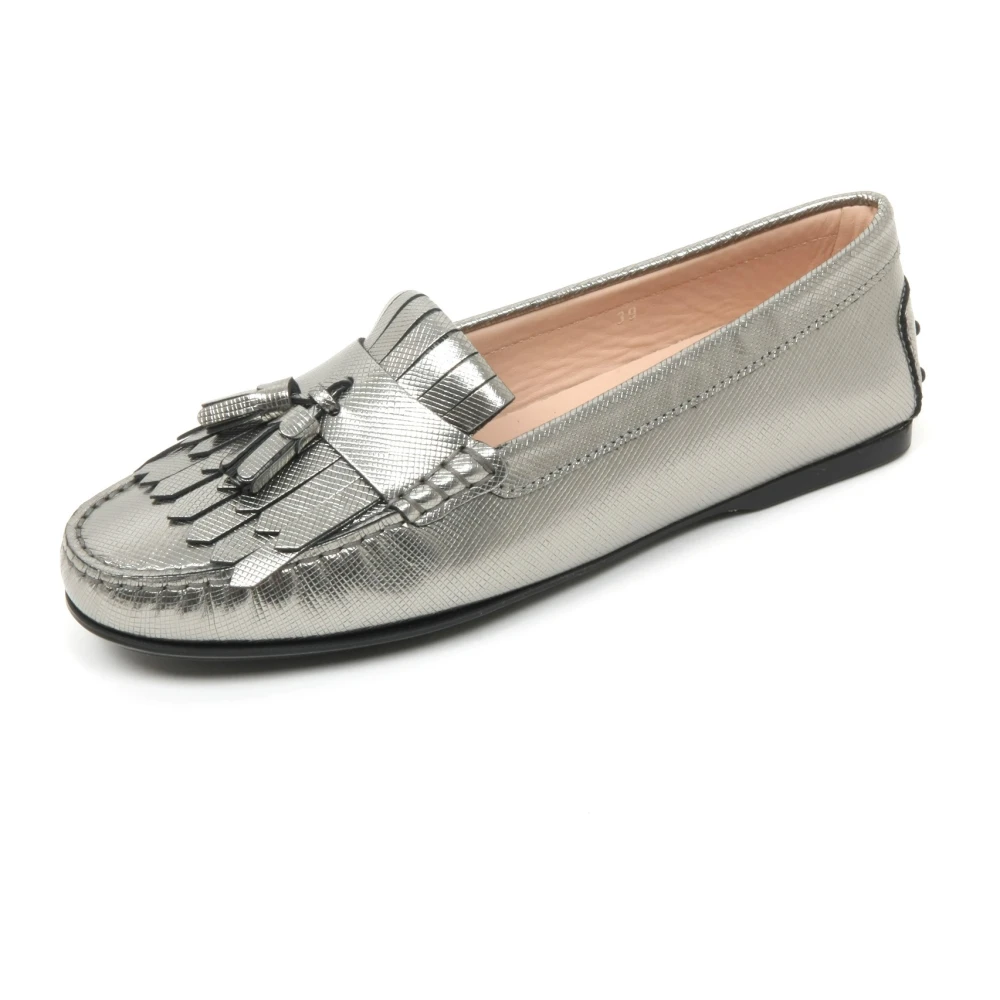 Tod's Women's Gray Fringe Loafer Shoe Made In Italy