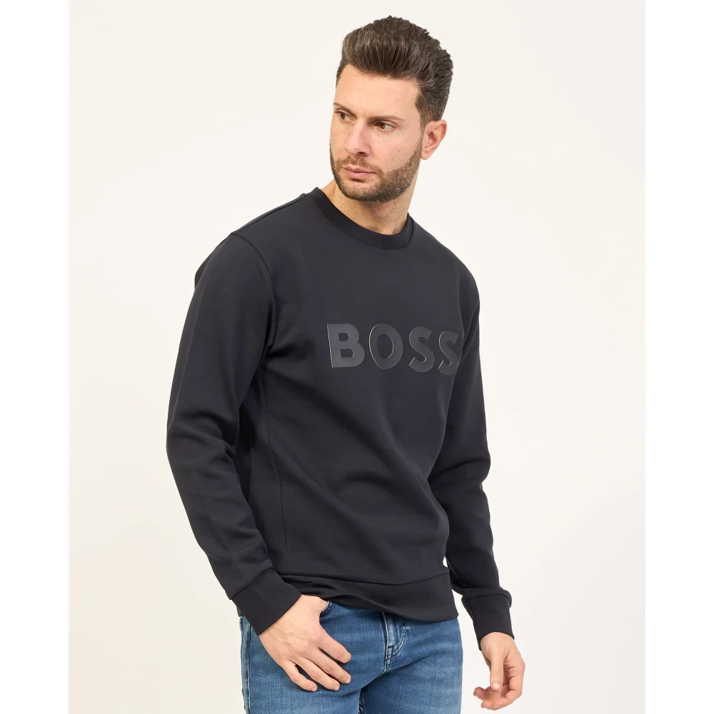 Boss Blauwe Crewneck Sweater Logo Print Blue Heren