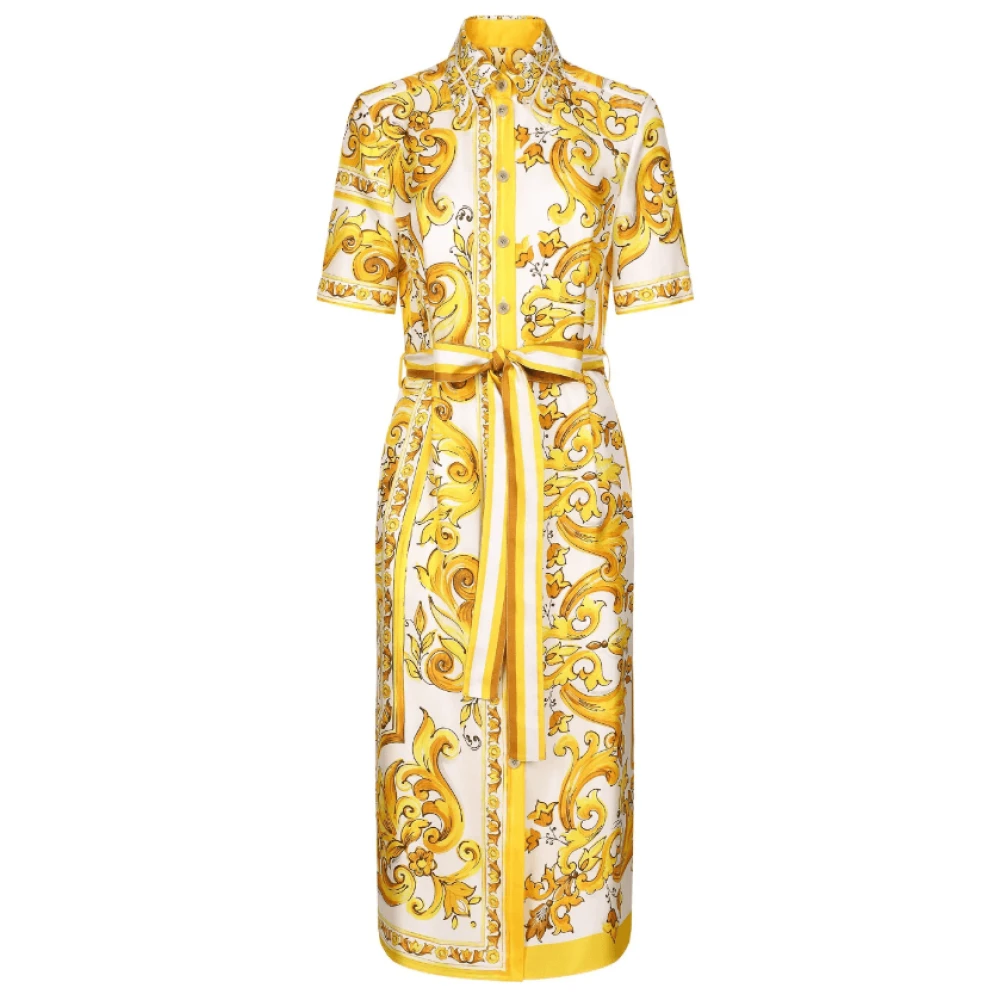 Dolce & Gabbana Majolica Print Zijden Midi Jurk Yellow Dames