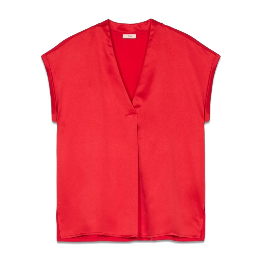 Oltre T-shirt van twee verschillende materialen met V-hals Red Dames