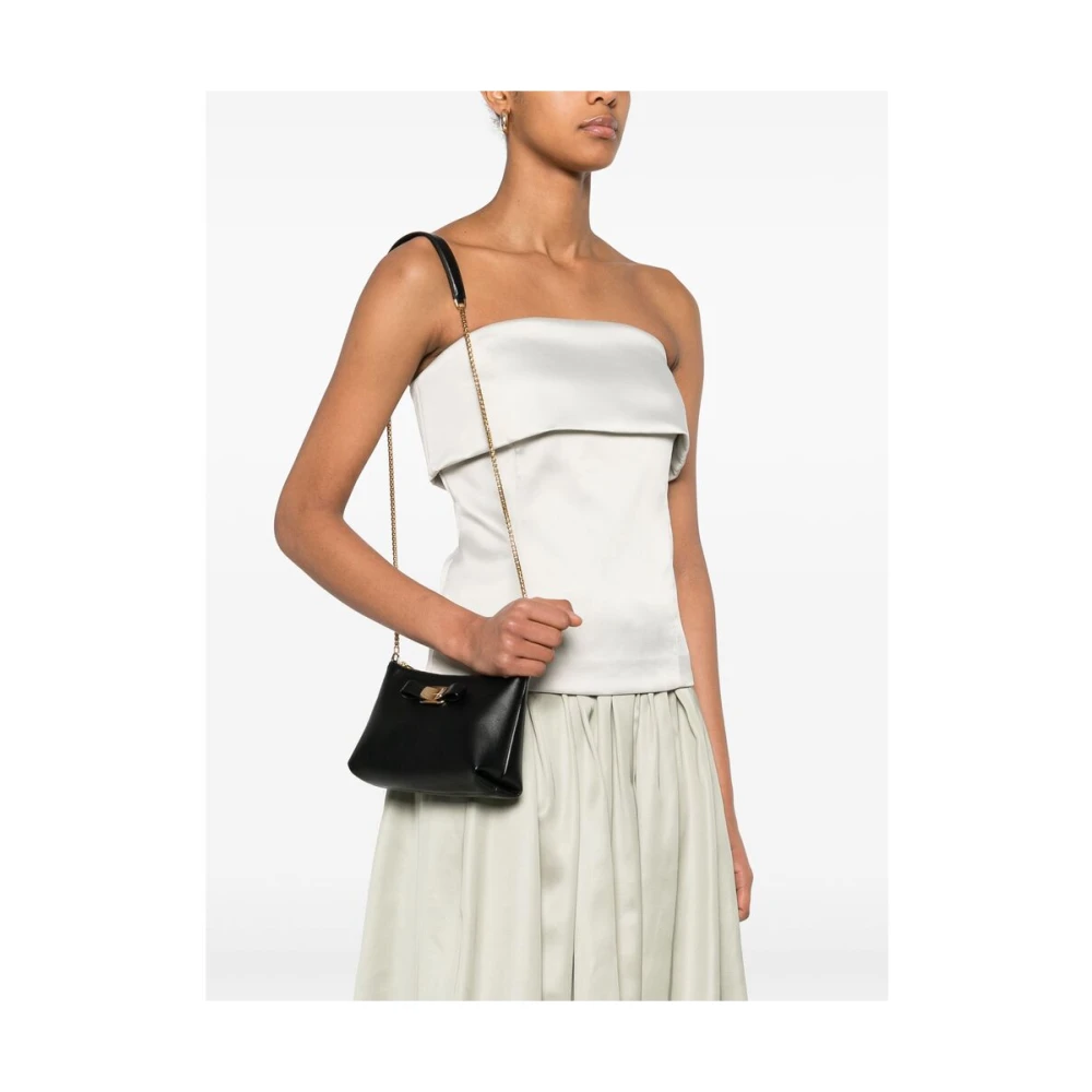 Salvatore Ferragamo Zwarte Leren Schoudertas met Ketting en Strikdetail Black Dames