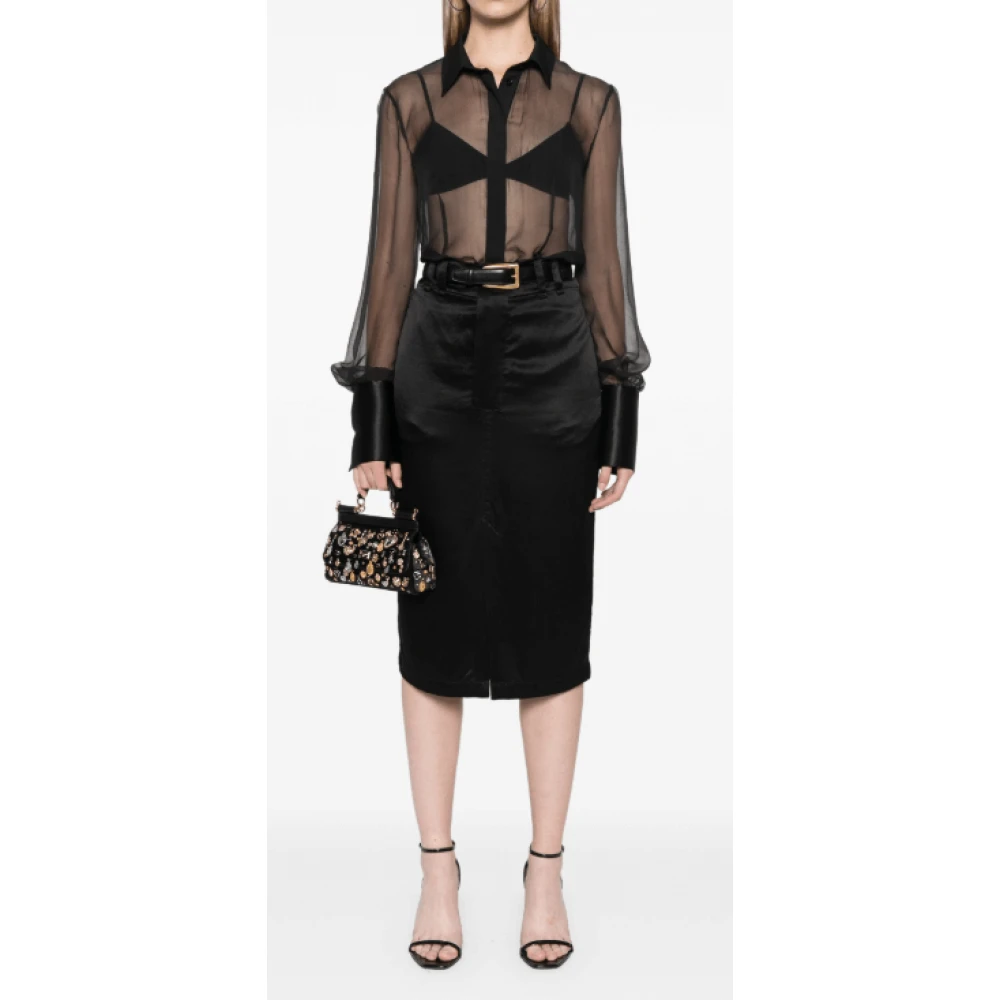 Saint Laurent Zwarte Zijden Midi Rok met Split Black Dames