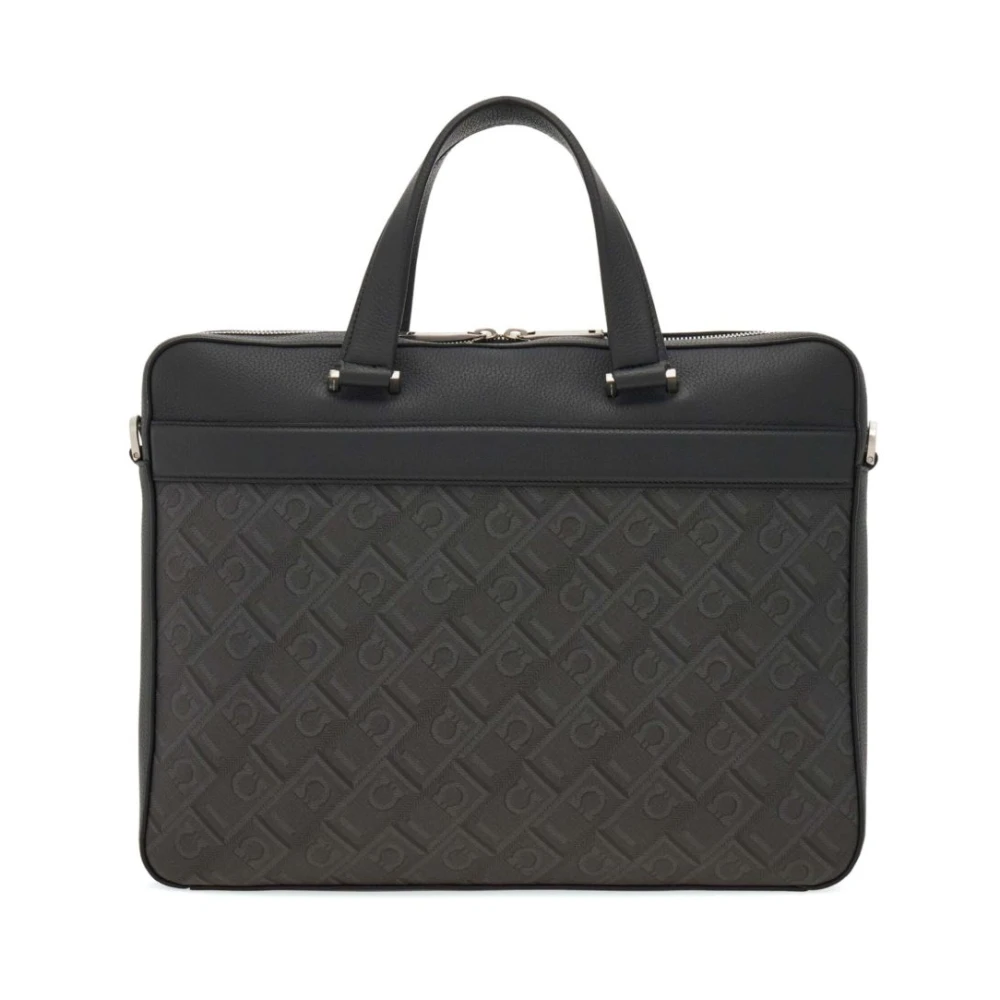 Salvatore Ferragamo Geëtst Logo Zwart Leren Handtas Black Heren