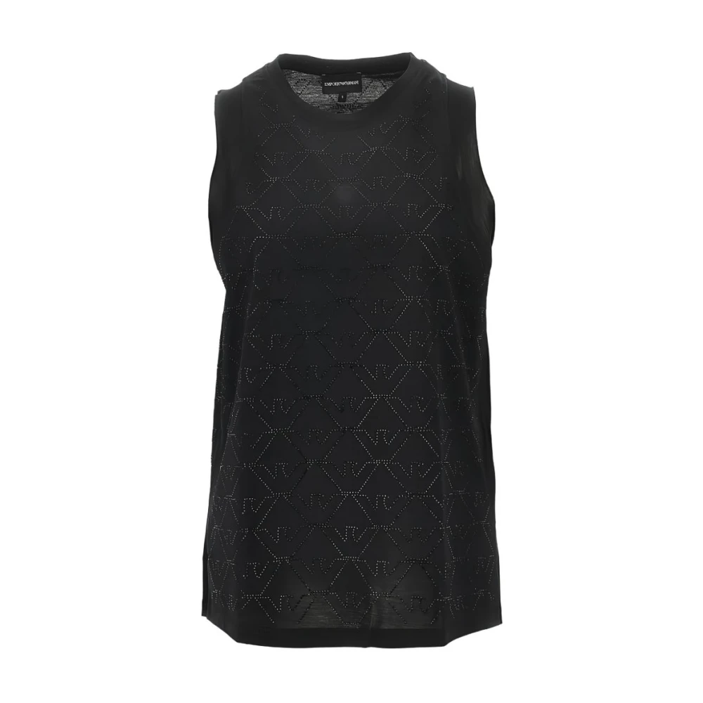 Emporio Armani Women's Black Sleeveless Tops, Xs, Mercerized Tank Top With Rhinestones