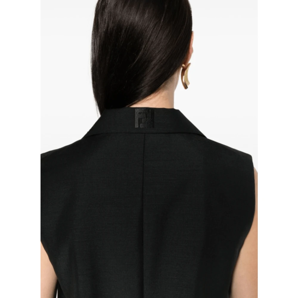 Fendi Zwart Wollen Blend Vest met Peak Revers Black Dames