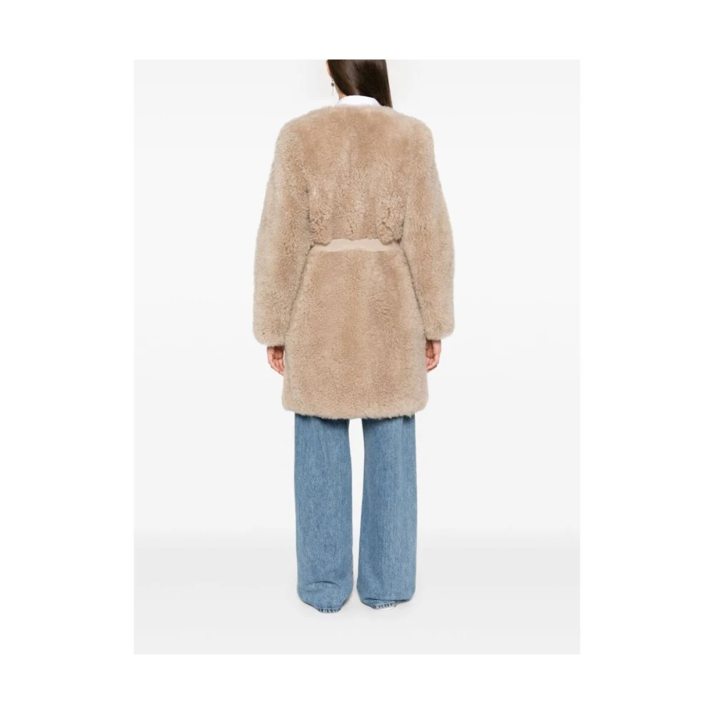 Yves Salomon Shearling Jas met Ronde Hals Beige Dames