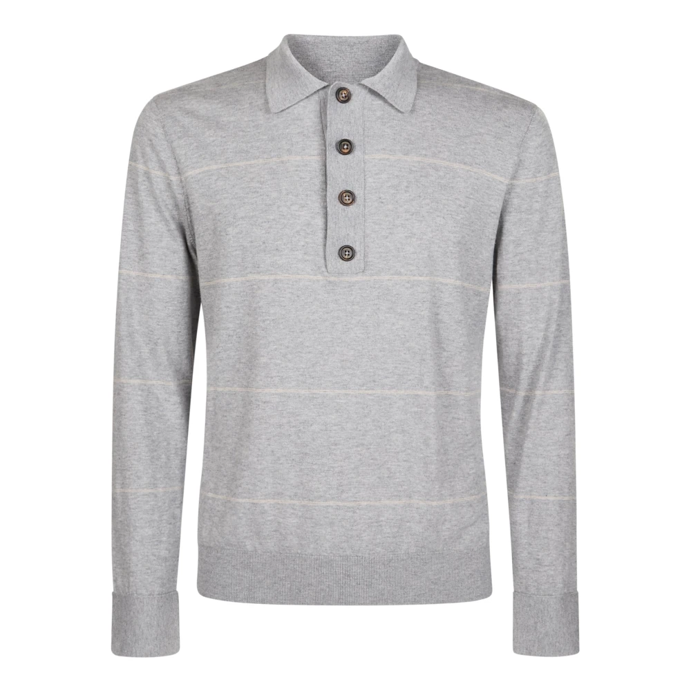 Eleventy Herren Gray,White Gestreiftes Baumwoll-Kaschmir-Langarm-Polo,Gestreiftes Baumwoll-Kaschmir-Poloshirt