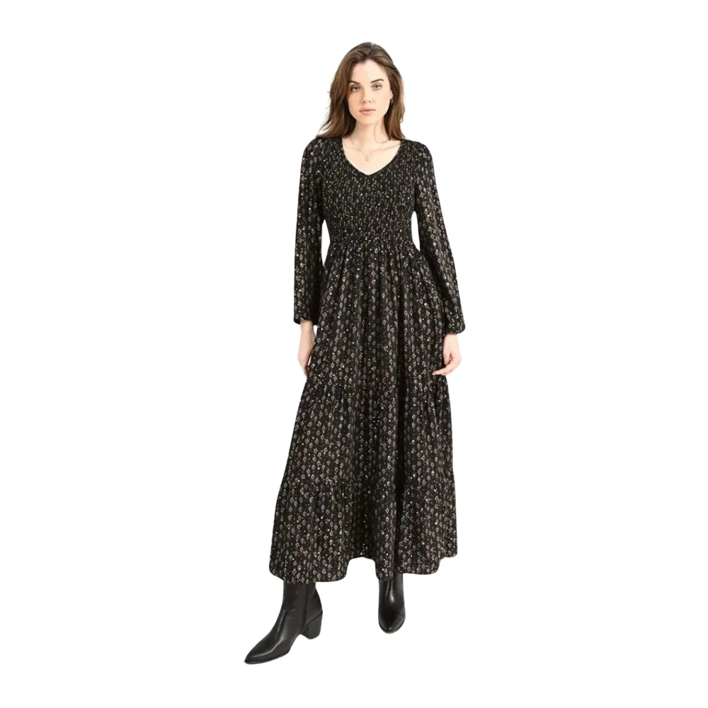 Molly Bracken Lange Zwierige Smocked Borst Jurk Black Dames