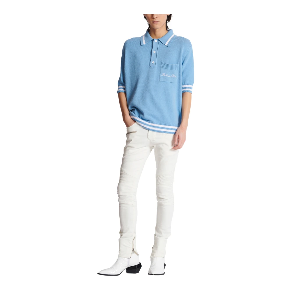 Balmain Wollen poloshirt met handtekeningborduurwerk Blue Heren