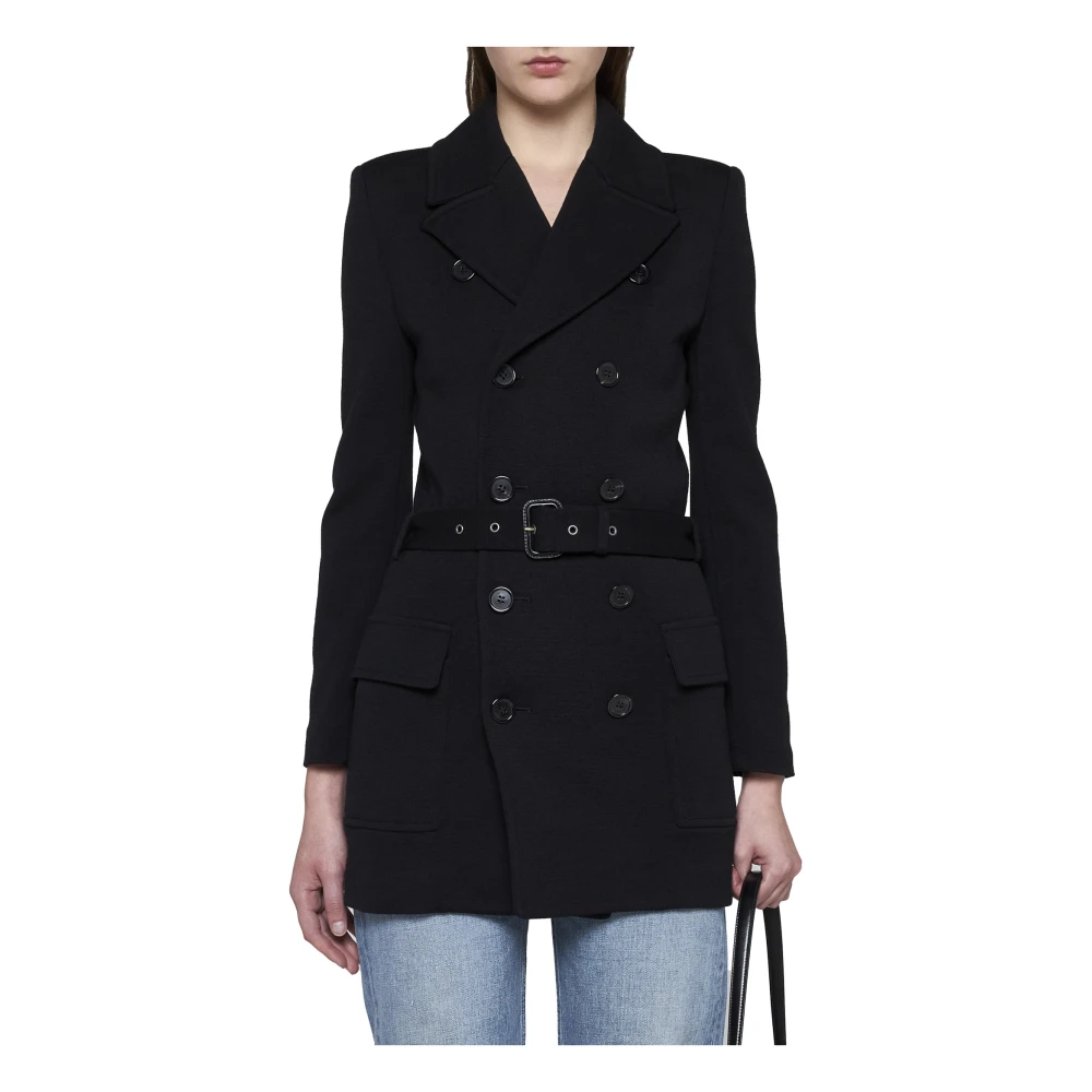 Saint Laurent Zwarte wollen blend double-breasted jas Black Dames