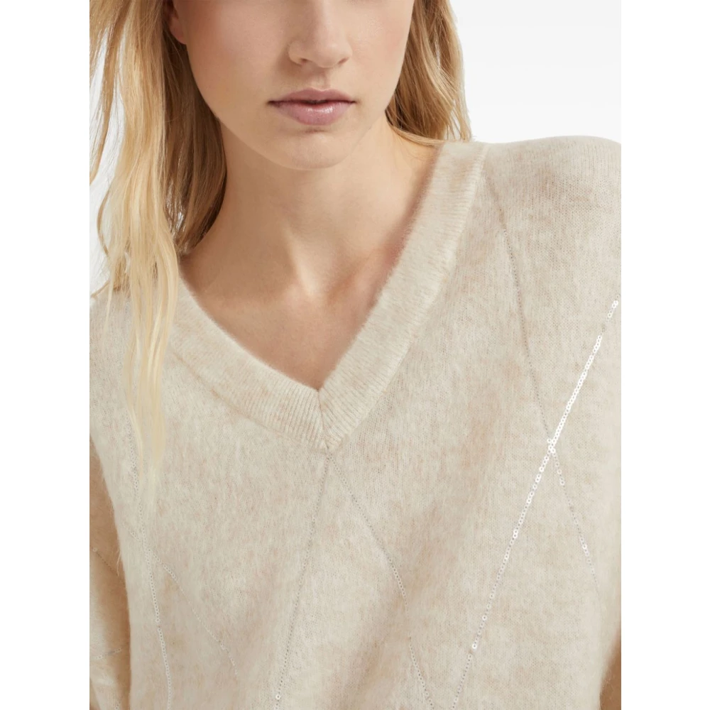 BRUNELLO CUCINELLI Diamantpatroon Paillet Sweater Beige Dames