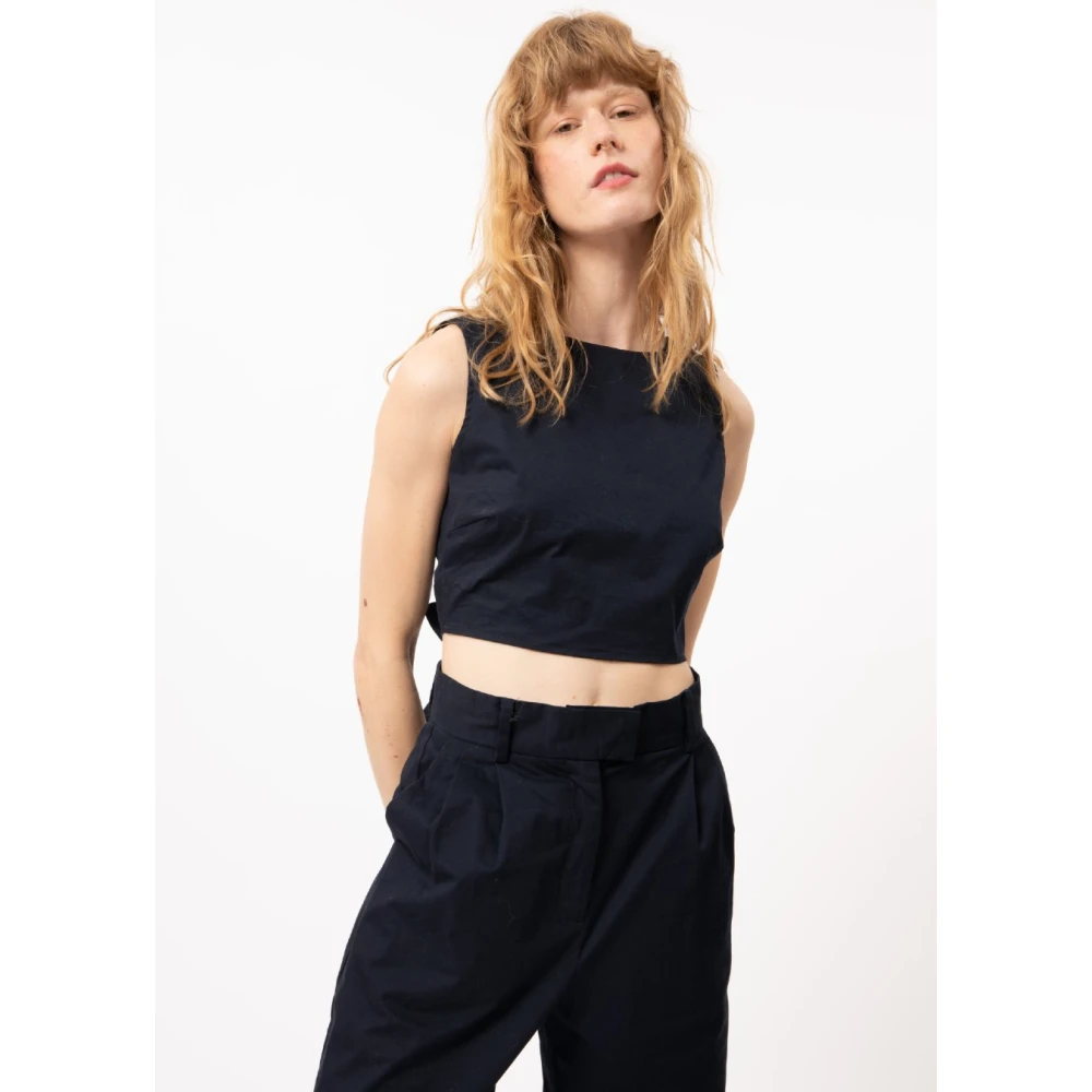 FRNCH Navy Linnen Wijde Pijp Broek Albane Blue Dames