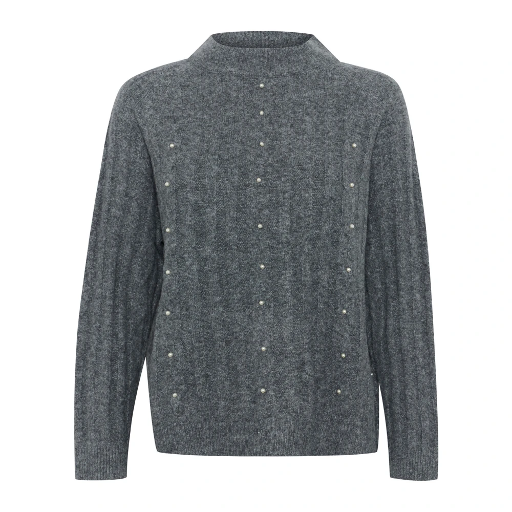 Cream Parel Detail Gebreide Trui Asfalt Melange Gray Dames