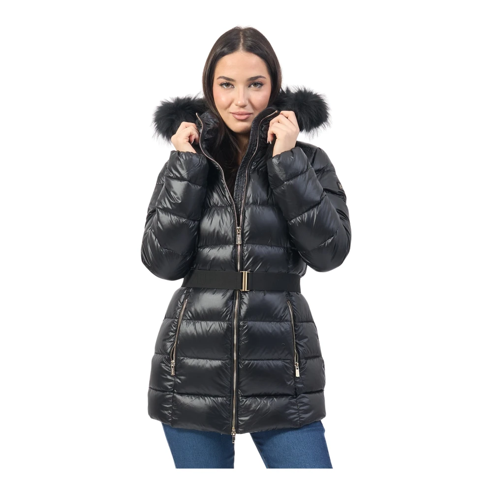 YES ZEE Zwarte Gewatteerde Jas met Bont Capuchon Black Dames