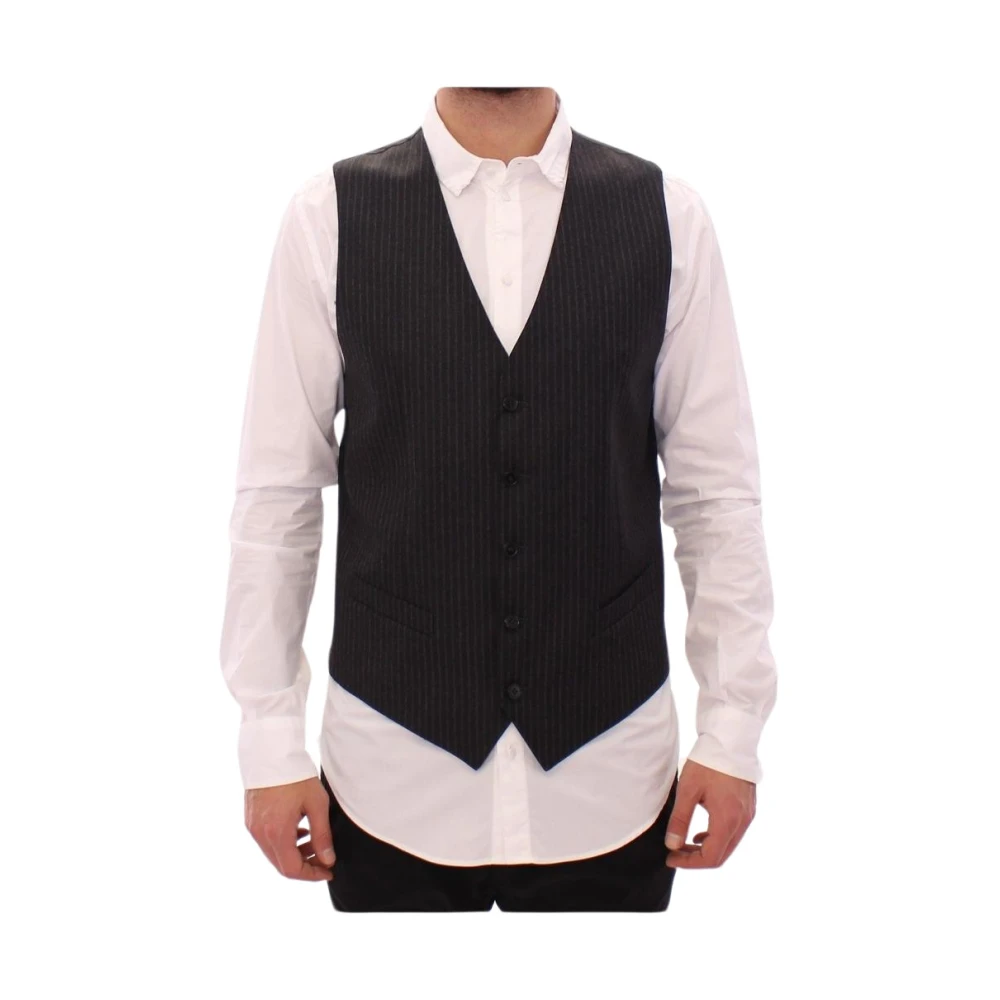 Dolce & Gabbana Men's Gray Striped Dress Vest With Logo